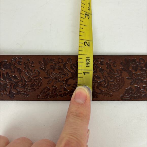 Hand Tooled Brown Leather Belt Brass Buckle Boho Western Country 30.25\